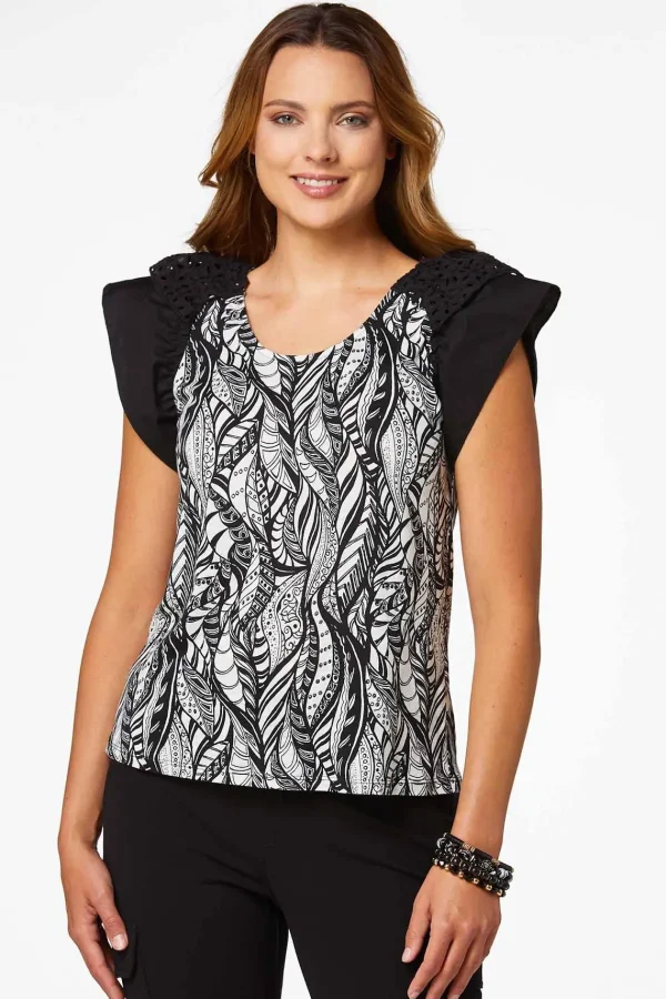 Best Abstract Ruffled Sleeve Top Women Tops