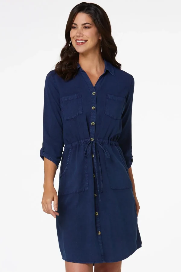 Best Chambray Drawstring Dress Women Dresses