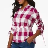Flash Sale Cinched Berry Plaid Shirt Women Tops