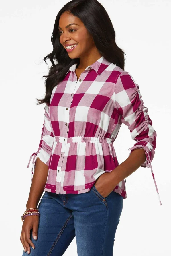 Flash Sale Cinched Berry Plaid Shirt Women Tops