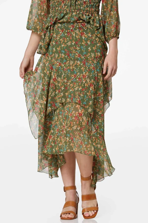 Discount Olive Floral Hanky Hem Skirt Women Skirts