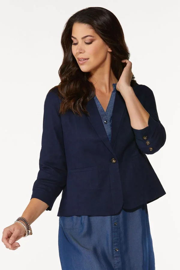 Best Sale Petite Navy Linen Blazer Women Jackets & Vests