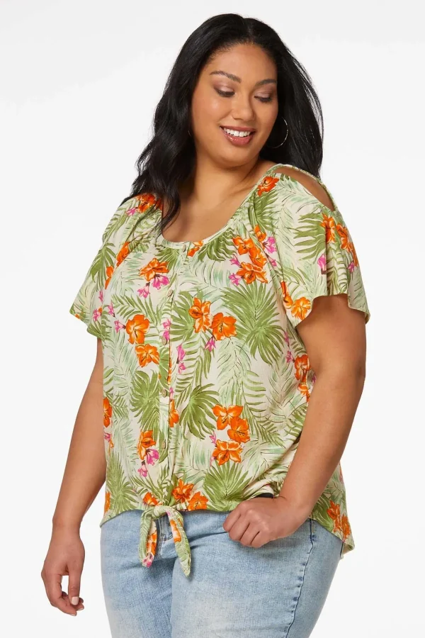 Best Plus Size Aloha Cold Shoulder Top Women Tops
