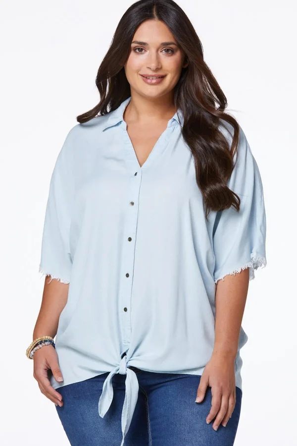 Cheap Plus Size Chambray Tie Front Top Women Tops