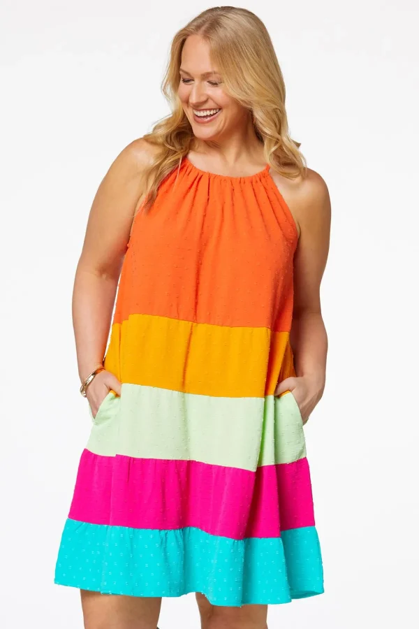 Cheap Plus Size Colorful Stripe Halter Dress Women Dresses