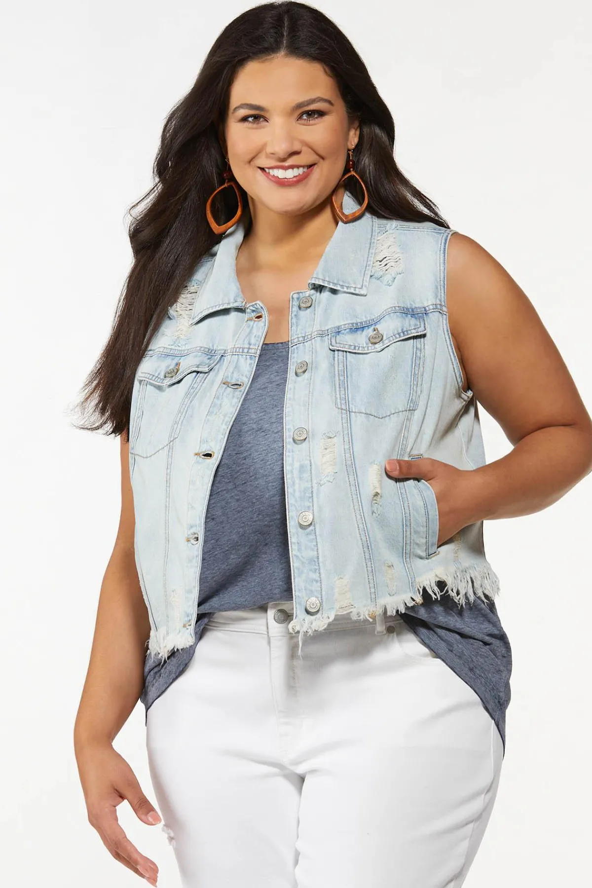 plus_size_distressed_denim_vest_0.webp Online Plus Size Distressed Denim Vest Women Jackets & Vests