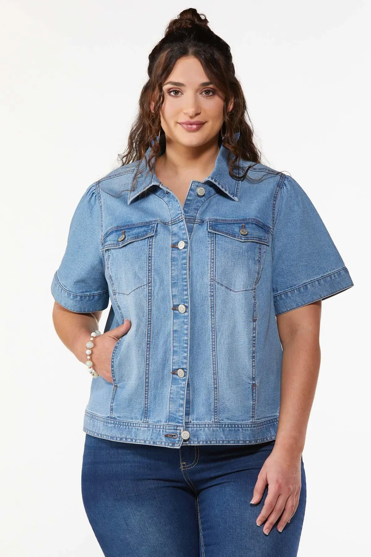 plus_size_puff_short_sleeve_denim_jacket_0.webp Online Plus Size Puff Short Sleeve Denim Jacket Women Jackets & Vests