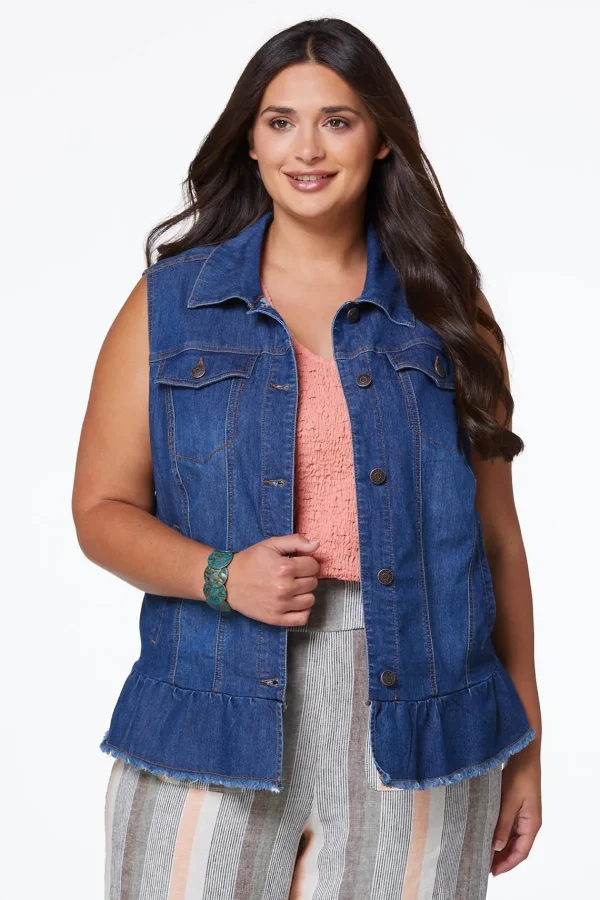 Clearance Plus Size Ruffle Hem Denim Vest Women Jackets & Vests