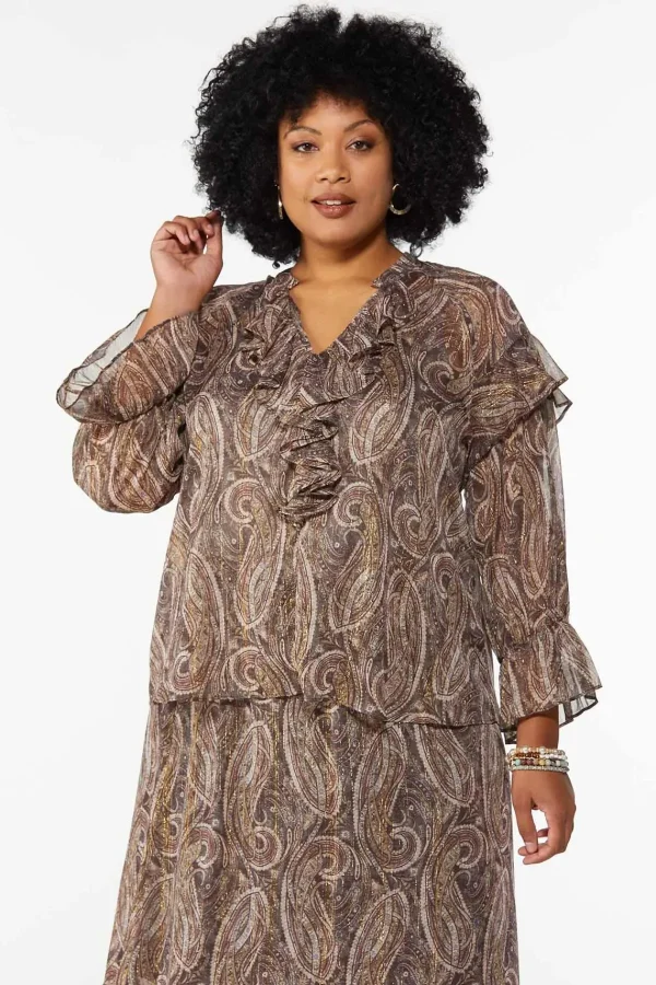 Cheap Plus Size Ruffled Paisley Top Women Tops
