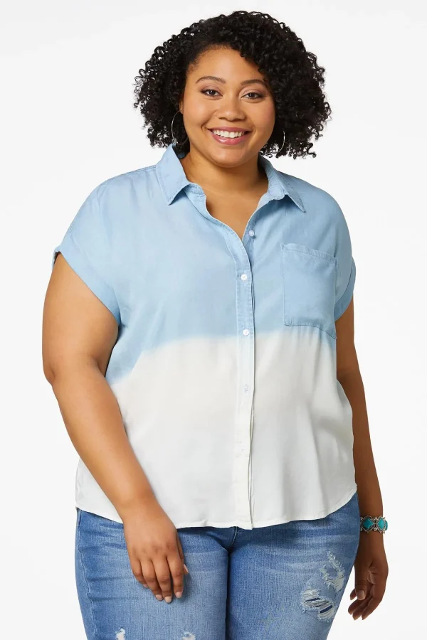 Cheap Plus Size Sky Chambray Top Women Tops