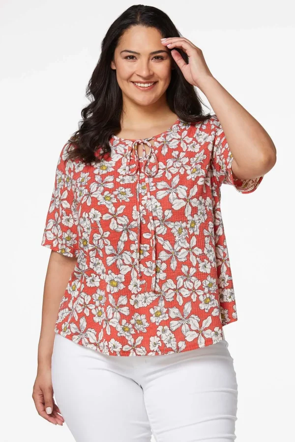 Best Plus Size Textured Sketch Floral Top Women Tops
