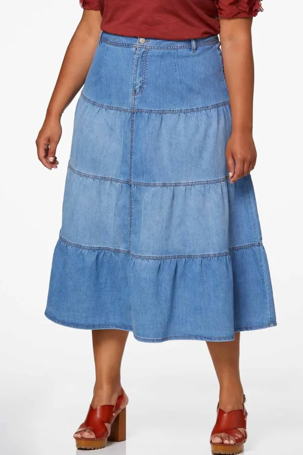 Discount Plus Size Tiered Denim Maxi Skirt Women Denim