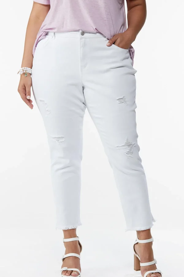 Cheap Plus Size White Distressed Jeans Women Denim