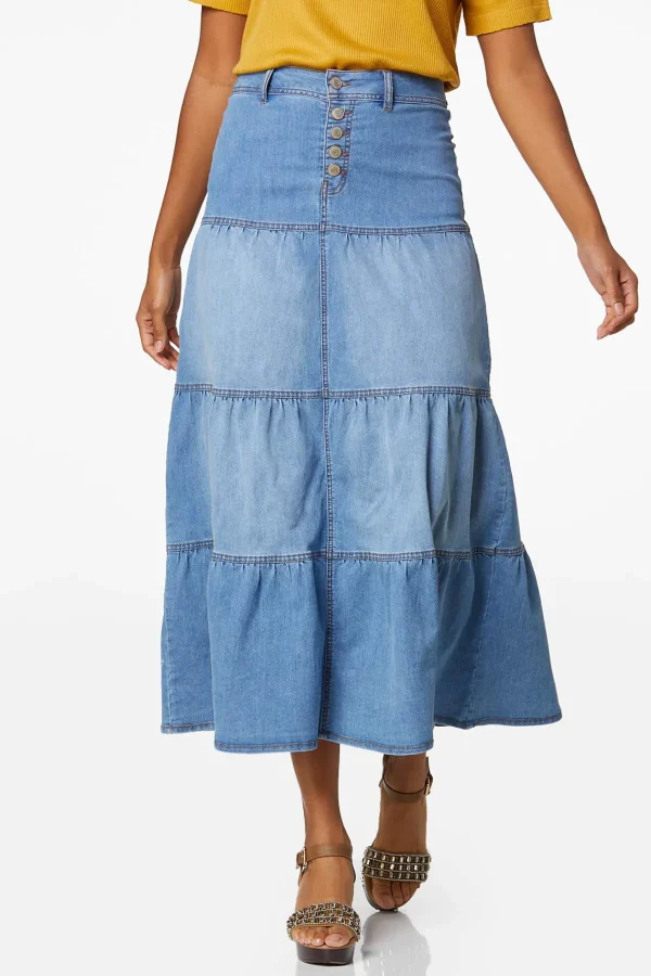 Cheap Tiered Denim Maxi Skirt Women Skirts