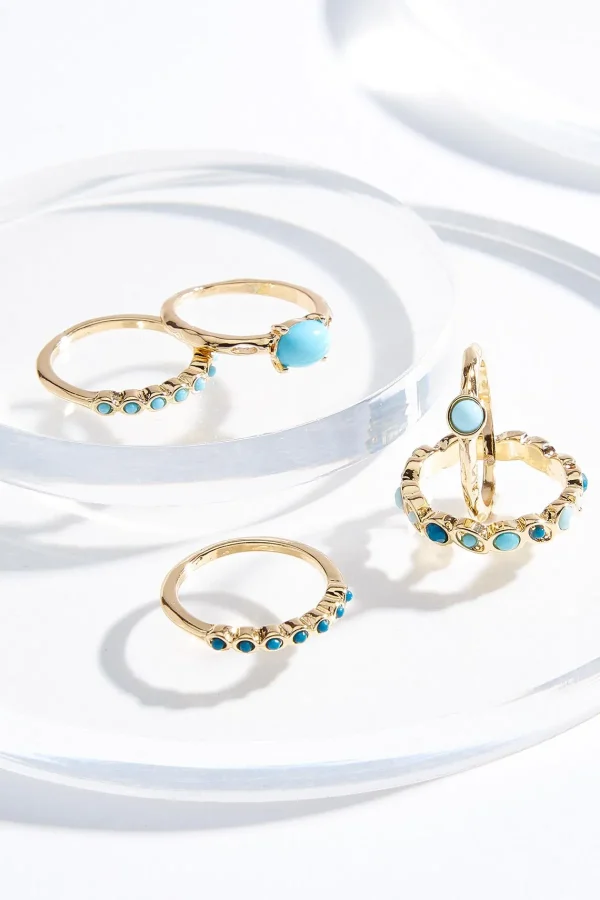 Flash Sale Turquoise Blue Stone Ring Set Women Rings